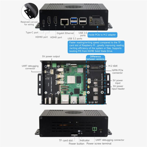 Multi-Functional All-In-One -Computer Kit Designed for Raspberry Pi 5, Aluminum Alloy Case for PCIe Adapter C 2