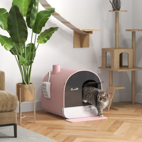 Caixa de areia rosa para gatos com porta frontal e tapete, 47 cm 2