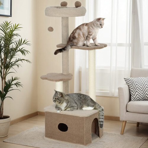 Poste arranhador marrom para gatos com toca e poste de juta 2