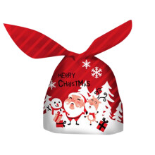 Carta da regalo natalizia, sacchetti con orecchie di coniglio e fiocchi di neve.