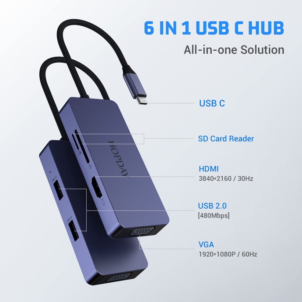 Hopday Usb-C Hub 6-In-1 With Hdmi Vga Usb Sd Tf 9336866007459