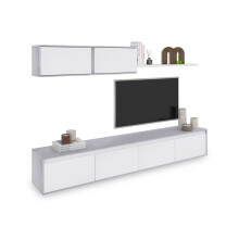 Salón con mueble de TV y estantería en blanco mate y gris cemento 200 cm Arlet