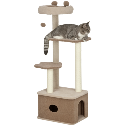 Poste arranhador marrom para gatos com toca e poste de juta