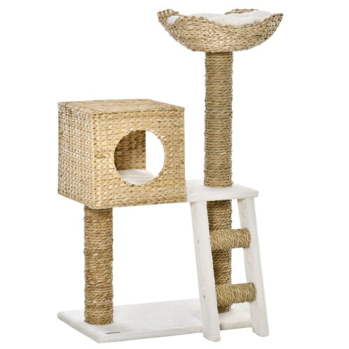 Arranhador bege para gatos com cama e escada, 100 cm 1