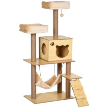 Arranhador de madeira para gatos com rede e rampa.
