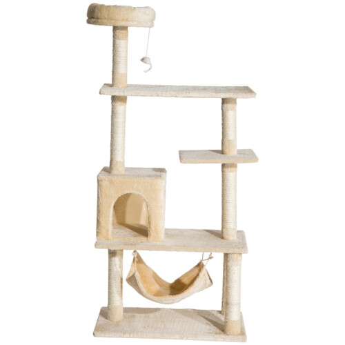 Arranhador para gatos bege com caverna e rede. 1