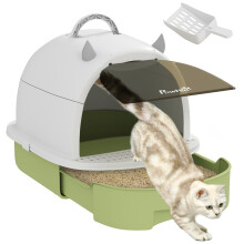 Caixa de areia fechada para gatos, branca e verde, com filtro.