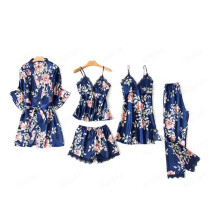 Women's Silk Satin Pajama Set with Robe and Pants 5 pcs