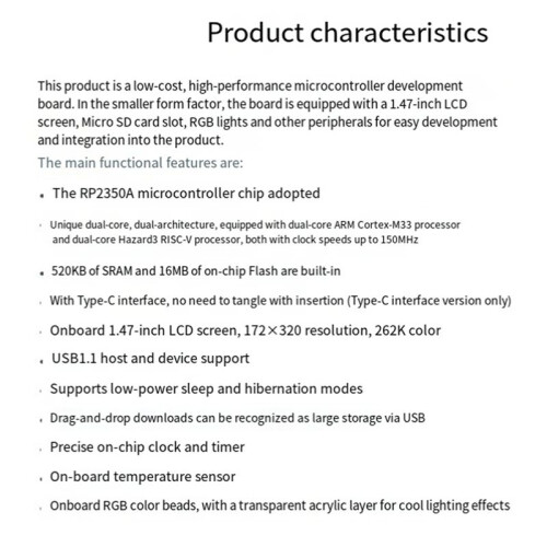 Waveshare Placa de Desenvolvimento RP2350 LCD de 1,47 Polegadas ARM Cortex-M33 com Contas de Lâmpada RGB 5 172x320 16 MB Flash LCD-1,47 USB (A) 1