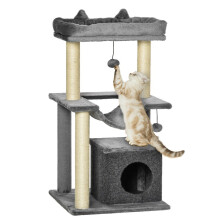 Arranhador para gatos cinza de três níveis com rede.