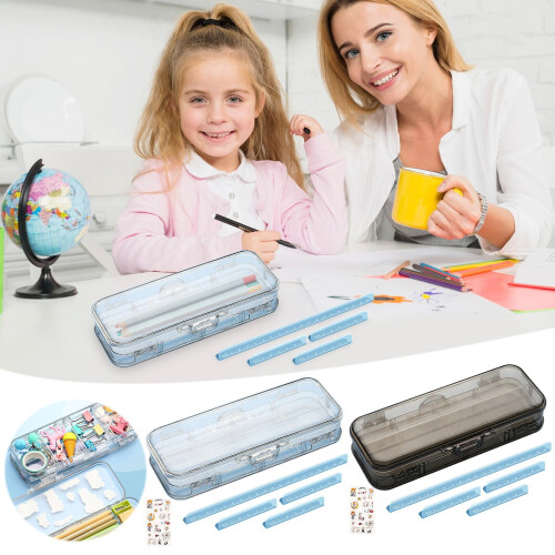 Μεγάλη διαφανής κασετίνα μολυβιών Lucky, πλαστικό κουτί με αυτοκόλλητο και καπάκι 2