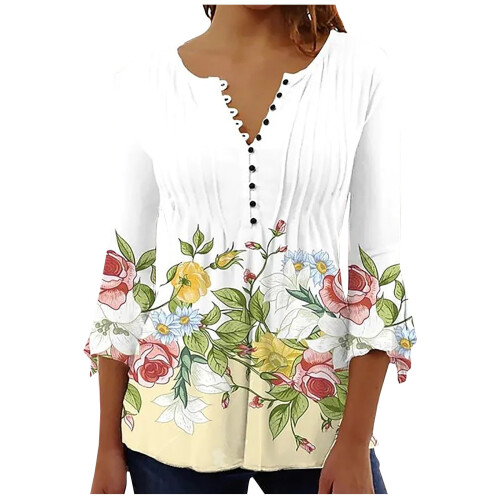 Bohemian Women's V-Neck Pullover Top with Floral Print and