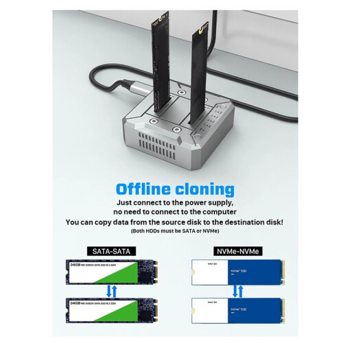 Dual Bay M.2 NVMe/NVMe SSD Hard Disk RAID10 Docking Station Offline Clone M.2 SSD Duplicator Fan Cooling Array EU Plug 2