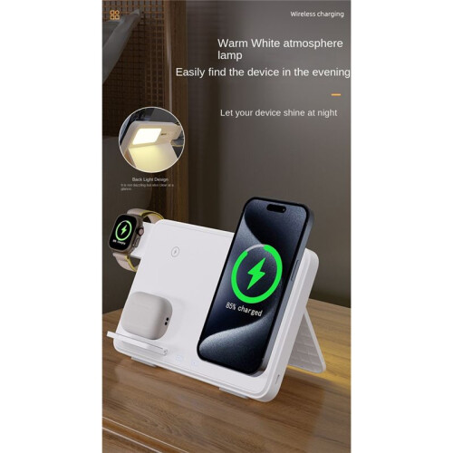 Wireless Charging Dock with LED Night Light and Foldable Design, for Fast Charging for  and  Watches White 1