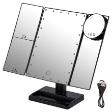 Drievoudige Make-Upspiegel met 22 LED-Lampjes, 10x/3x/2 X Vergroting, Draagbare, Opvouwbare, Verlichte Cosmetische Tafelspiegel, Zwart