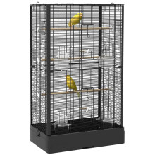 Gaiola preta para canários com bandeja removível.