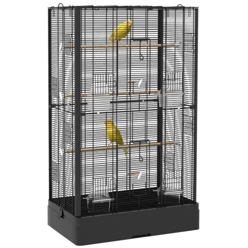Gaiola preta para canários com bandeja removível.