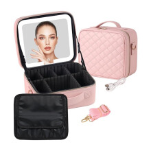 Borsa per il Trucco con Specchio Luminoso A LED, Borsa Organizer da Viaggio Portatile da 10 Pollici con Divisori Regolabili, Rosa