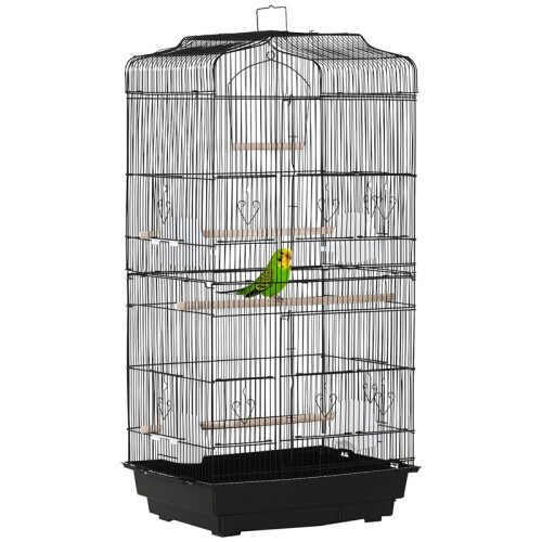 Gaiola de metal preta para papagaios e canários.