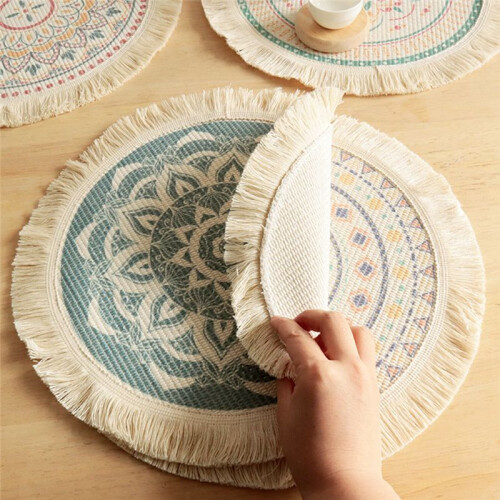 2Pcs Printed Place Mat Bohemian Tassel Printed Coaster for Home Insulation Circular Shape Dinner Table Layout Props, C 2
