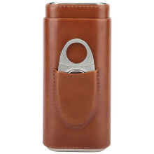 Tragbares Zigarrenetui aus Leder, mit Zedernholz ausgekleideter Zigarrenhumidor mit Cutter (für 3 Zigarren, braun)