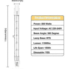 Lampadina alogena Kryc R7s da 500 W, 118 mm, dimmerabile, bianco caldo 2800 K, attacco J118, faretto alogeno lineare, alimentazione CA 220-24 V.
