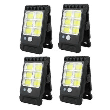 Lot de 4 lampes solaires à pince pour extérieur, étanches, avec détecteur de mouvement, idéales pour clôture, garage ou camping.