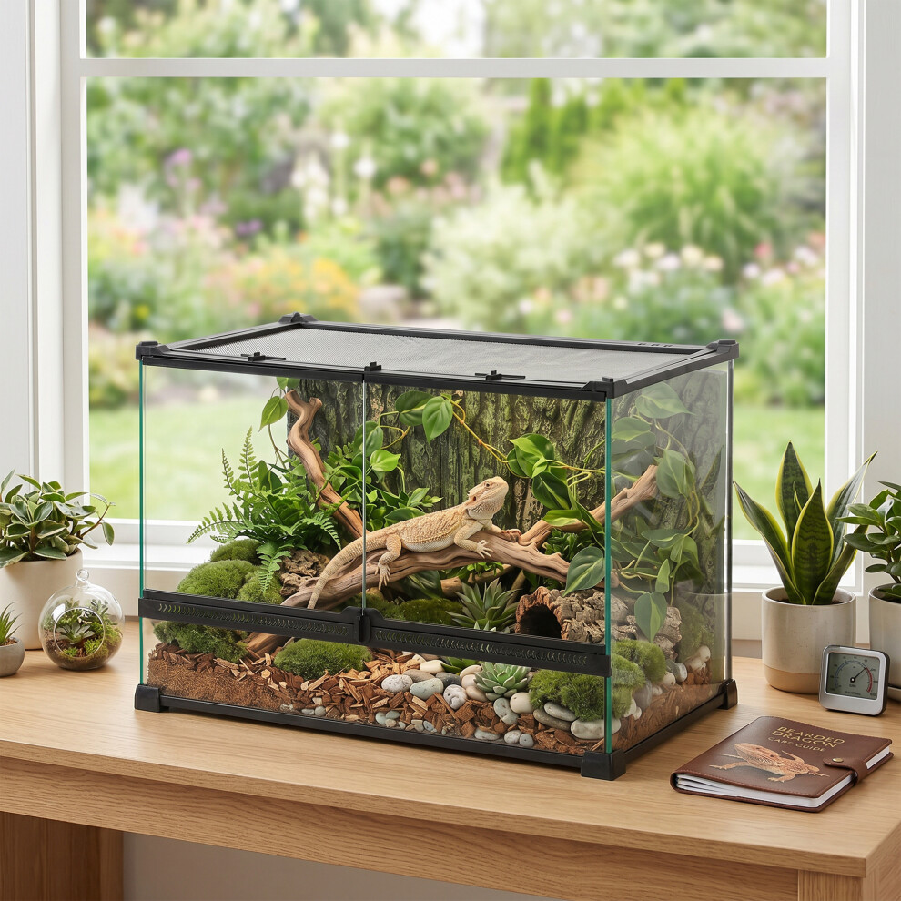 Pawhut 48L Glass Terrarium, Reptile Vivarium With Stone Background, Black