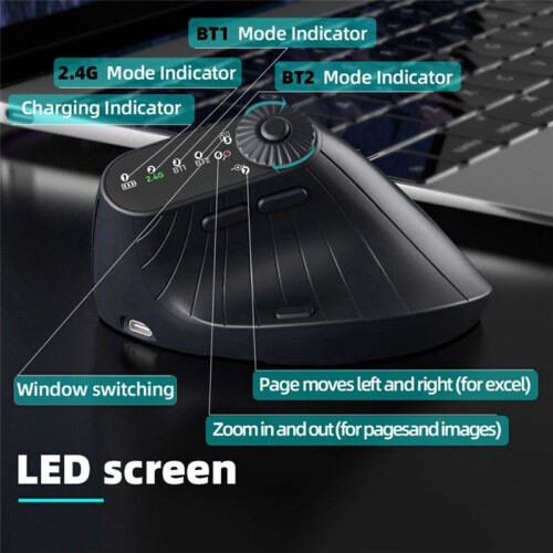 JOMAA Ergonomic Vertical Wireless Mouse with Function Adjustment Knob, 2.4G Dual-Mode Wireless Rechargeable Mouse Black 2