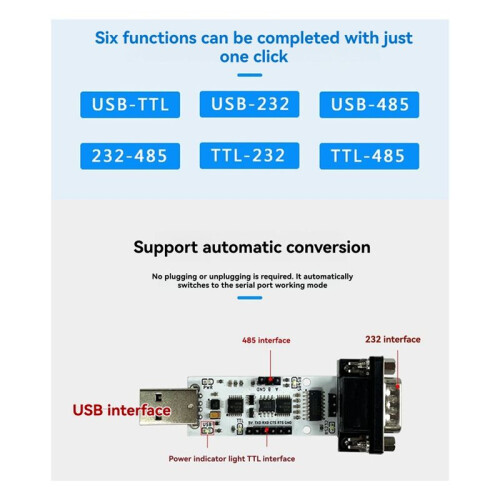 6-in-1 Serial Port Automatic Conversion Module USB to UART USB to TTL/RS232/RS485 CH340 2