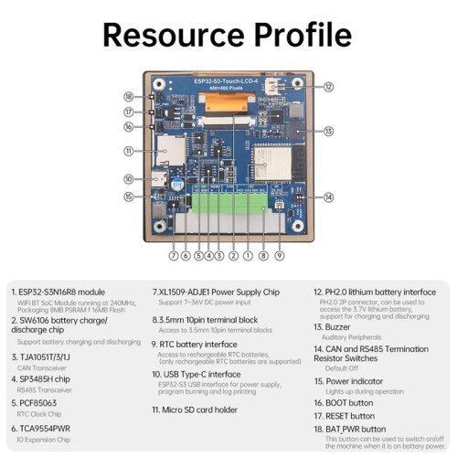 ESP32 S3 4In LCD Development Board 480x480 Touch Screen Display TVBOX LVGL HMI Sensor CAN RS485 Electronic Component Kit 2