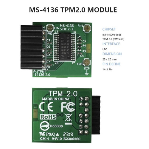 TPM 2.0 Encryption Security Module Board 14Pin TPM 2.0 Module LPC TPM MS-4136 for MSI Motherboards 1