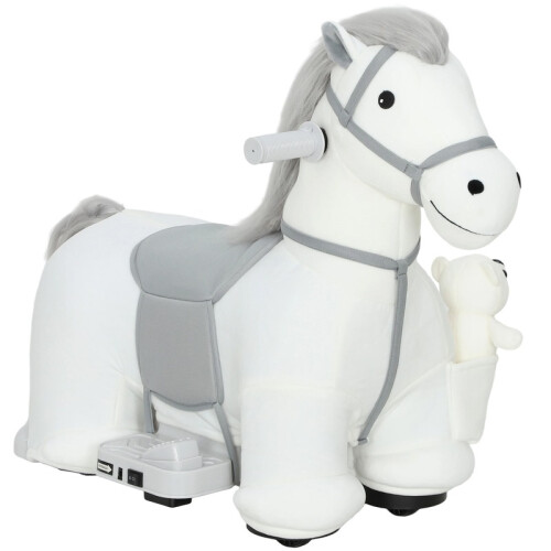 Cavalo elétrico branco com música e rodas de PU, 74 cm 1