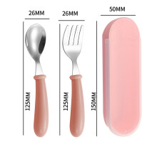 (Pink) Stainless Steel Baby Gadgets Tableware Set Cartoon Toddler Dinnerware Cutlery Utensil Infant Food Feeding Spoon Fork