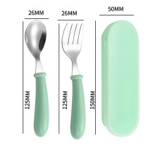 (green) Stainless Steel Baby Gadgets Tableware Set Cartoon Toddler Dinnerware Cutlery Utensil Infant Food Feeding Spoon Fork