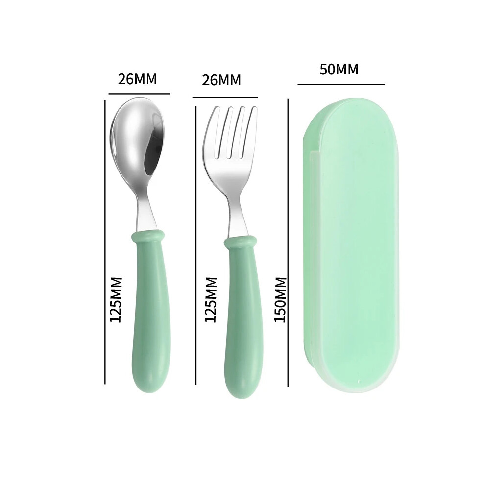 Stoyotu (Green) Stainless Steel Baby Gadgets Tableware Set Cartoon Toddler Dinnerware Cutlery Utensil Infant Food Feeding Spoon Fork