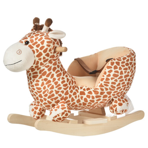 Balanço infantil de madeira marrom claro com girafa de pelúcia. 1