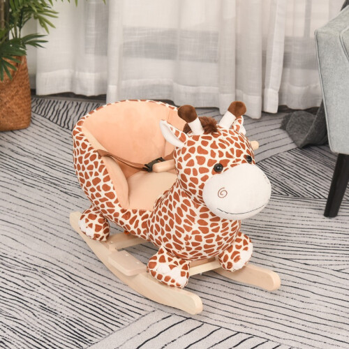Balanço infantil de madeira marrom claro com girafa de pelúcia. 2