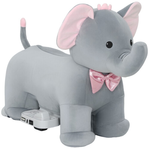 Elefante elétrico cinza com música e rodas de PU, 74 cm
