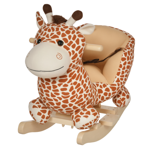 Balanço infantil de madeira marrom claro com girafa de pelúcia.