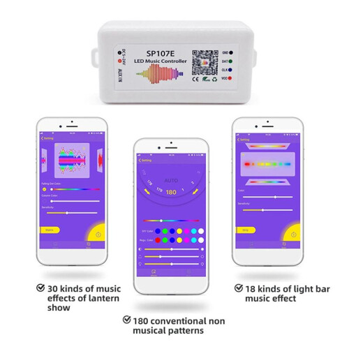 LED Strip Light Controller SP107E Music Controller for WS2812B WS2811 LED Strip Lights DC5-24V RGBIC Pixel Control 2