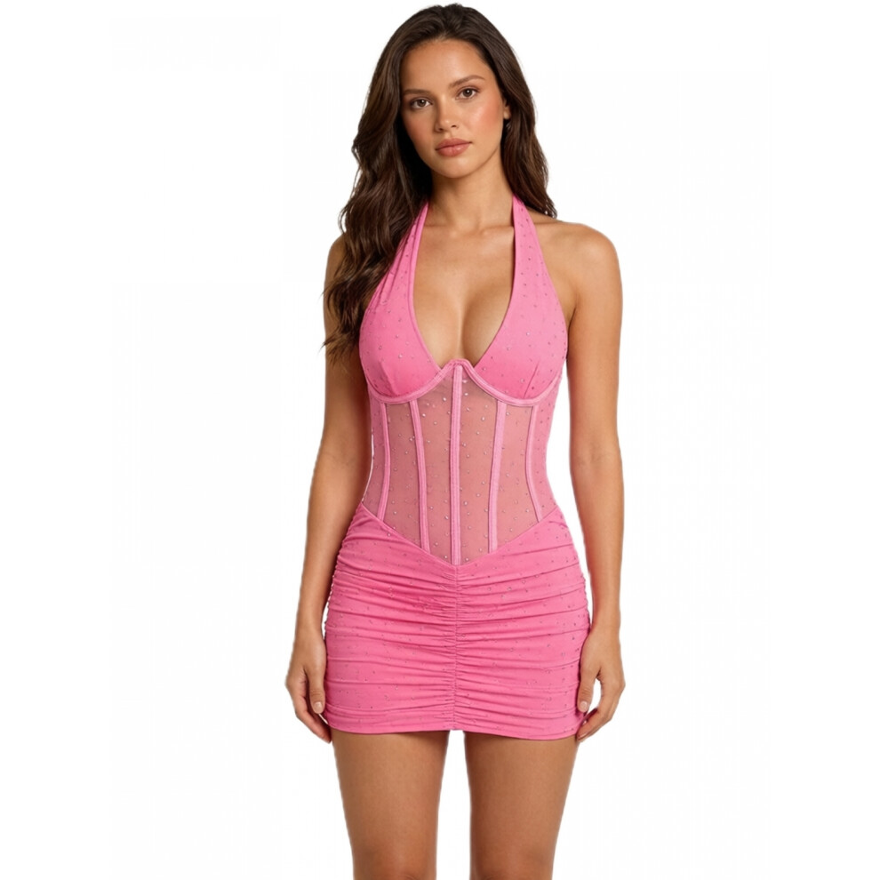 (S, Pink) Women Lingerie Dress Sleeveless Halter Neck Shiny Sequin Decor Slim Fit Bodycon Nightdress Exotic Naughty Sleepwear