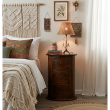 Large Dark Brown Drum Bedside Table with 3 Drawers