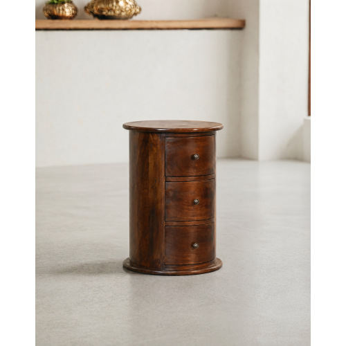 Large Dark Brown Drum Bedside Table with 3 Drawers 1