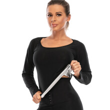 (Silver Coated Long Sleeve, S/M) Dame Langermet Midjetrener Body Shaper Mageslankende Sportskorsett