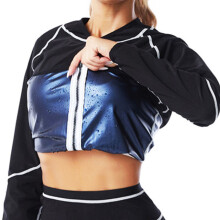 (PU Blue Spliced Long Sleeve, XXL) Sauna Slimming Bodysuit Set Waist Trimmer Pants Zipper Yoga Fitness Wear