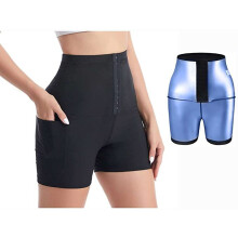 (PU Blue Pocket Buttoned Three-Quarter Pants, XL) Women's High-Waisted Yoga Pants with Button Tummy Control, Sweat-Wicking Side Pocket Fitness Tights