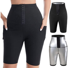 (Silver Coated Pocket Button Shorts, M) Yoga High-Waisted Button Shapewear Sweat Pants – Tight Fitness Sportswear Long Pants