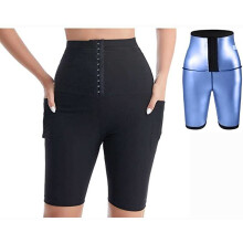 (PU Blue Pocket Button Shorts, S) Spodnie dresowe do jogi z wysokim stanem i guzikami, modelujące sylwetkę – obcisłe, sportowe spodnie długie
