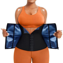 (PU Blue, S) Women's Yoga Waist Trainer with 3-Row Hooks & Zipper, Sweat Slimming Belt for Core Shaping